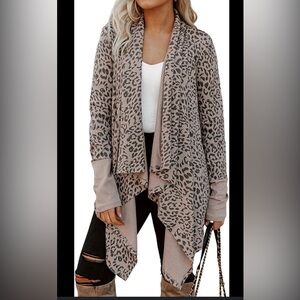 ANIMAL PRINT LADIES OPEN FRONT Lg SLEEVE SWEATER WIDE DRAPED COLLAR LAPELS SZ S